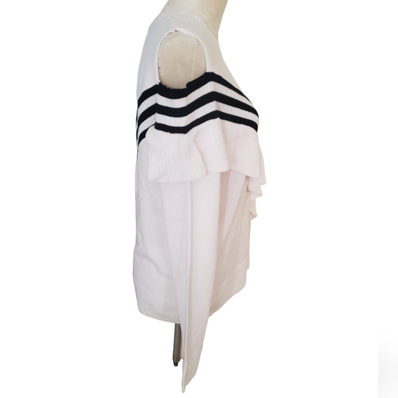 Cliche NWT Ruffle One Cold Shoulder White With Black Stripes Sweater Size M - Picture 2 of 6